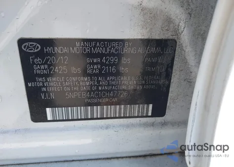 2012 Hyundai Sonata Gls z USA, uszkodzony, nr VIN 5NPEB4AC1CH477267